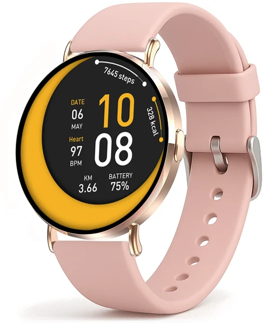 Chytré hodinky Veluxeo Round s bluetooth voláním zlaté se silikonovým řemínkem