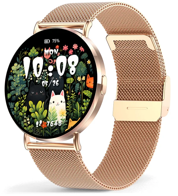 Chytré hodinky Veluxeo Round s bluetooth voláním zlaté s milánským tahem