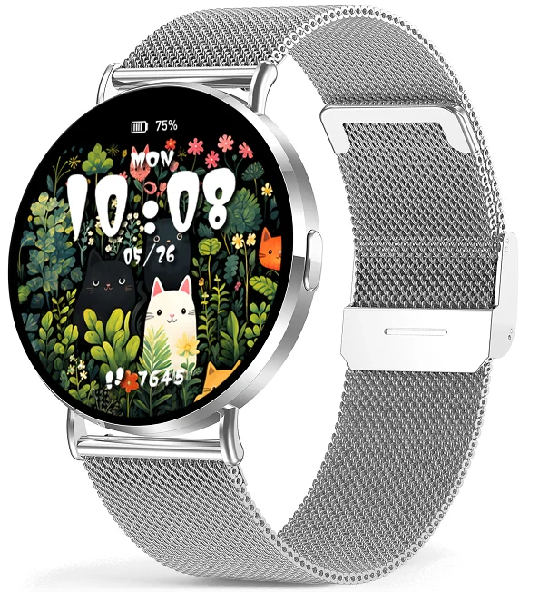 Chytré hodinky Veluxeo Round s bluetooth voláním stříbrné s milánským tahem