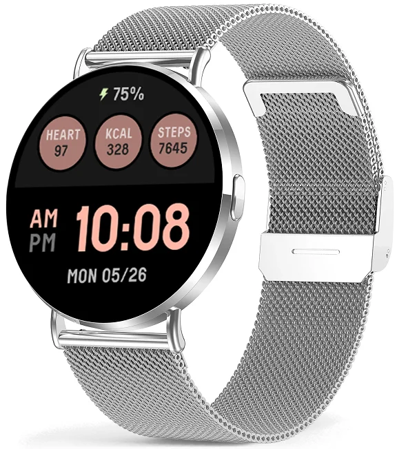 Chytré hodinky Veluxeo Round s bluetooth voláním stříbrné s milánským tahem