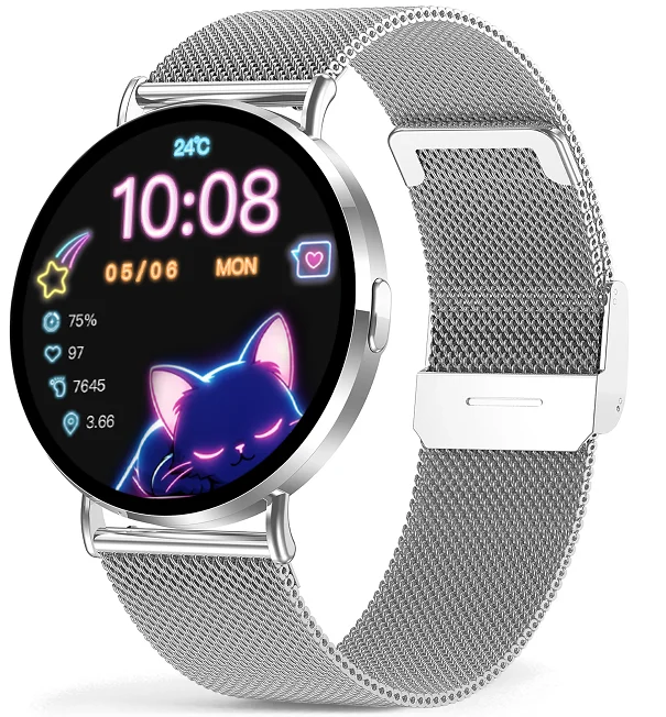 Chytré hodinky Veluxeo Round s bluetooth voláním stříbrné s milánským tahem