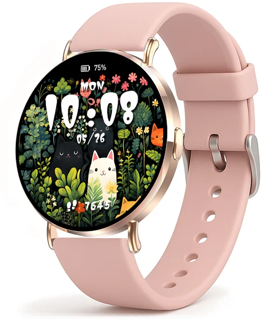 Chytré hodinky Veluxeo Round s bluetooth voláním zlaté se silikonovým řemínkem