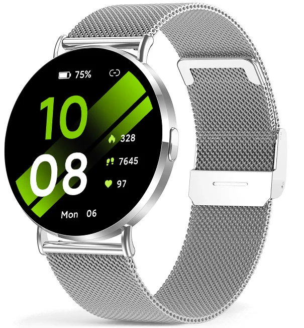 Chytré hodinky Veluxeo Round s bluetooth voláním stříbrné s milánským tahem
