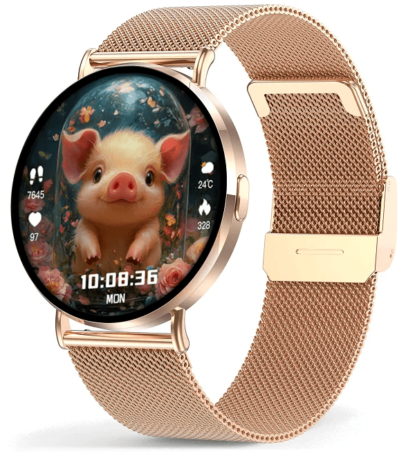 Chytré hodinky Veluxeo Round s bluetooth voláním zlaté s milánským tahem