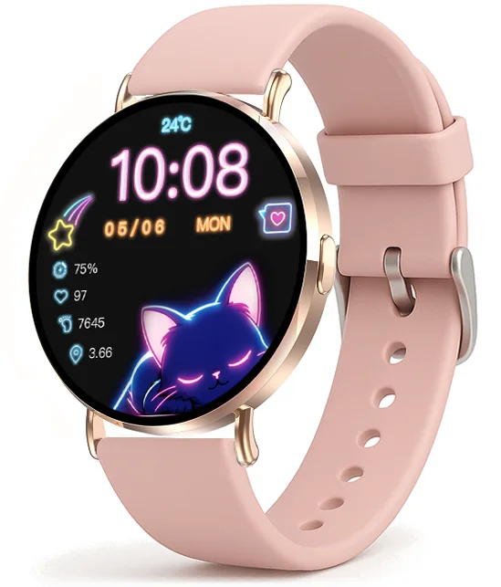 Chytré hodinky Veluxeo Round s bluetooth voláním zlaté se silikonovým řemínkem