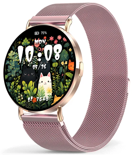 Chytré hodinky Veluxeo Round s bluetooth voláním zlaté s milánským tahem