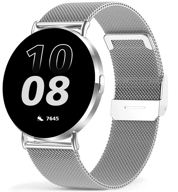 Chytré hodinky Veluxeo Round s bluetooth voláním stříbrné s milánským tahem