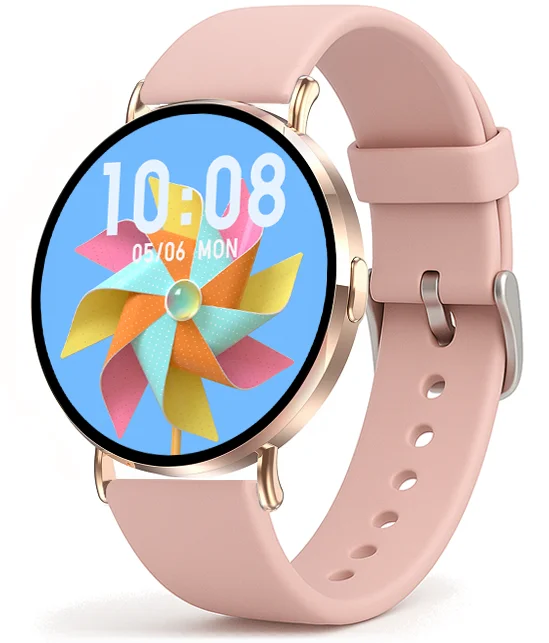 Chytré hodinky Veluxeo Round s bluetooth voláním zlaté se silikonovým řemínkem