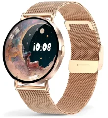 Chytré hodinky Veluxeo Round s bluetooth voláním zlaté s milánským tahem