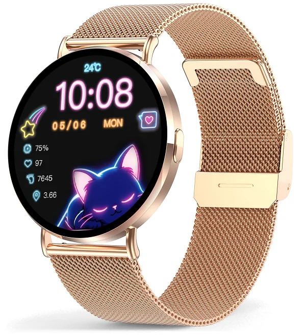 Chytré hodinky Veluxeo Round s bluetooth voláním zlaté s milánským tahem