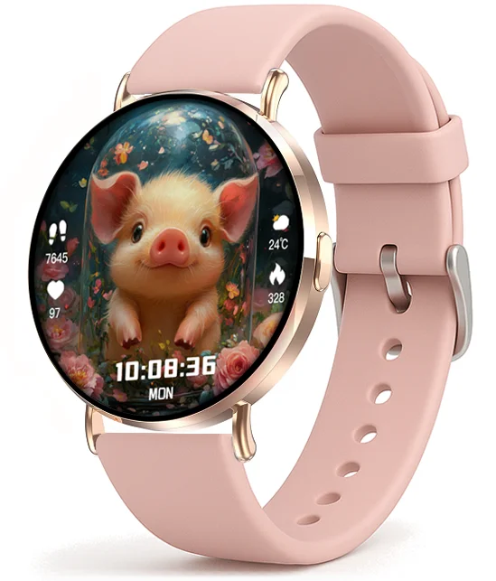 Chytré hodinky Veluxeo Round s bluetooth voláním zlaté se silikonovým řemínkem