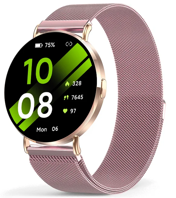 Chytré hodinky Veluxeo Round s bluetooth voláním zlaté s milánským tahem