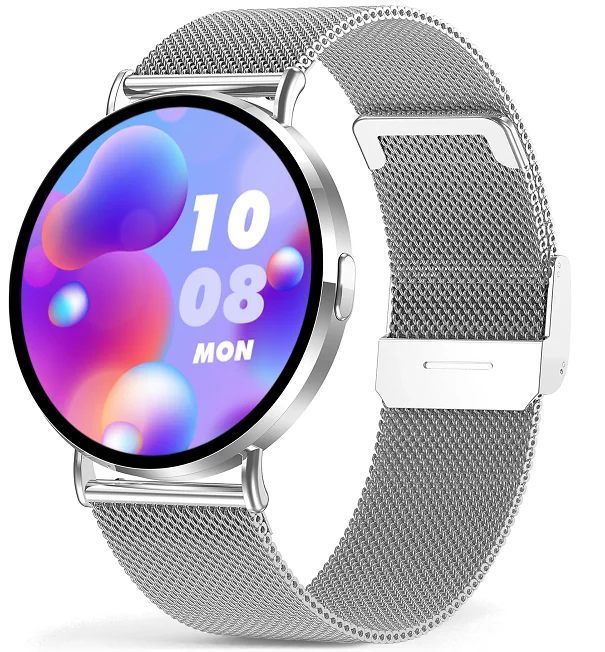 Chytré hodinky Veluxeo Round s bluetooth voláním stříbrné s milánským tahem