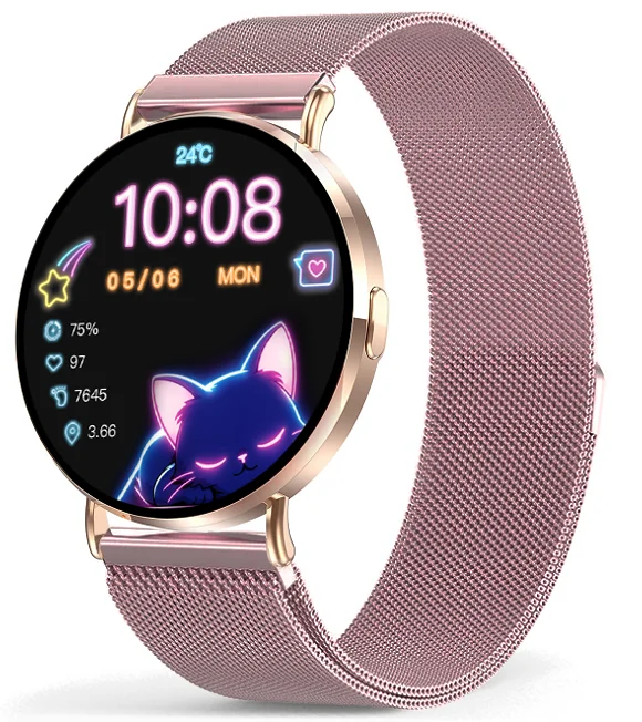 Chytré hodinky Veluxeo Round s bluetooth voláním zlaté s milánským tahem