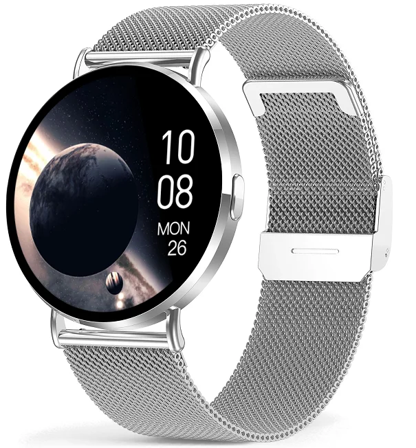 Chytré hodinky Veluxeo Round s bluetooth voláním stříbrné s milánským tahem