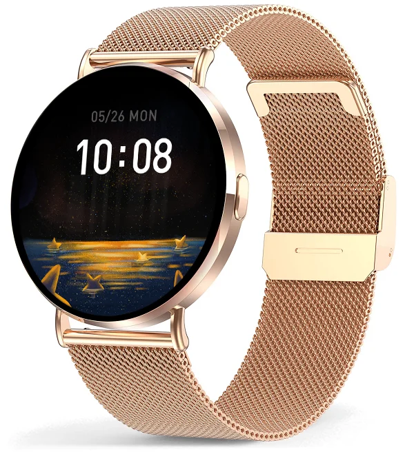 Chytré hodinky Veluxeo Round s bluetooth voláním zlaté s milánským tahem