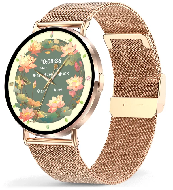 Chytré hodinky Veluxeo Round s bluetooth voláním zlaté s milánským tahem