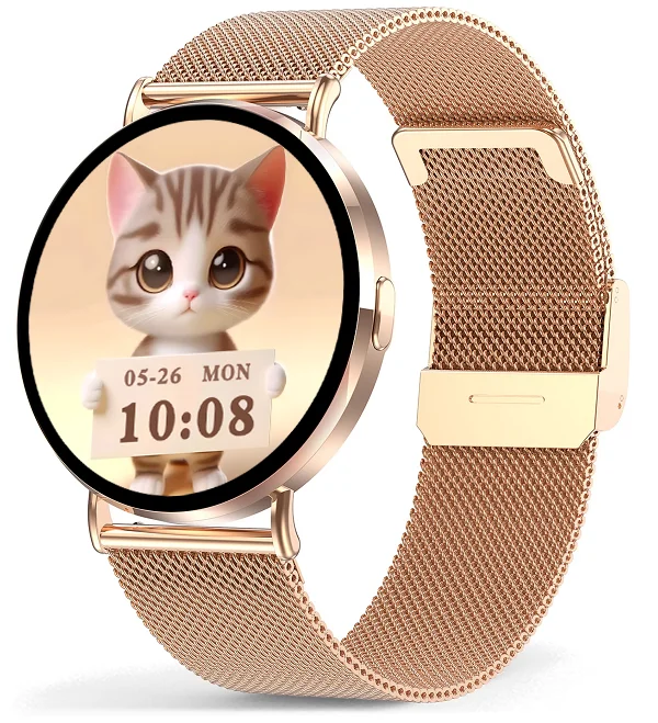 Chytré hodinky Veluxeo Round s bluetooth voláním zlaté s milánským tahem