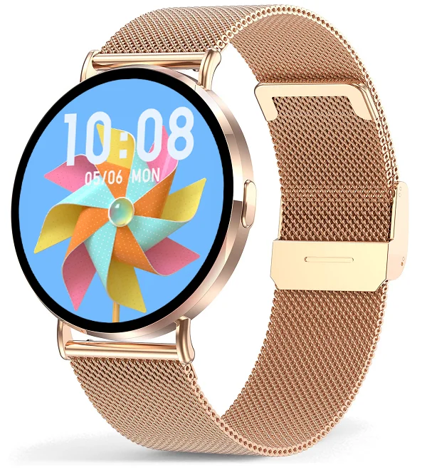 Chytré hodinky Veluxeo Round s bluetooth voláním zlaté s milánským tahem