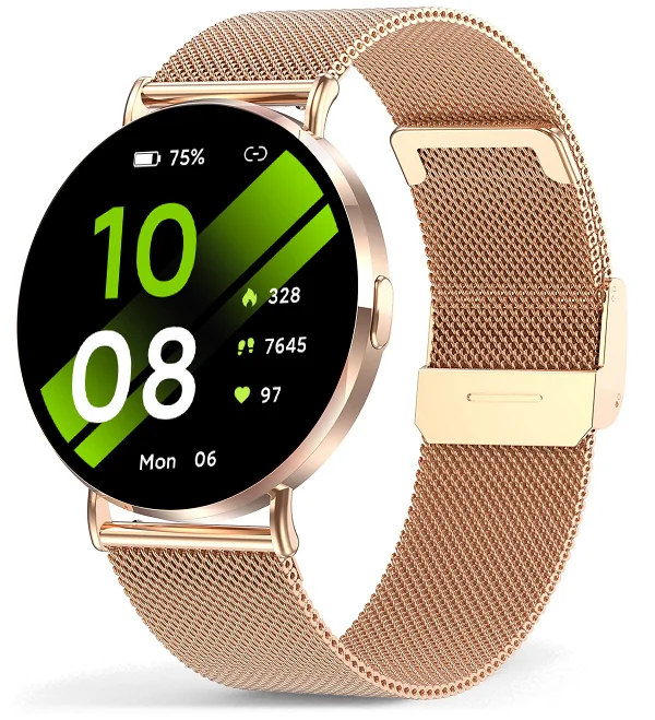 Chytré hodinky Veluxeo Round s bluetooth voláním zlaté s milánským tahem