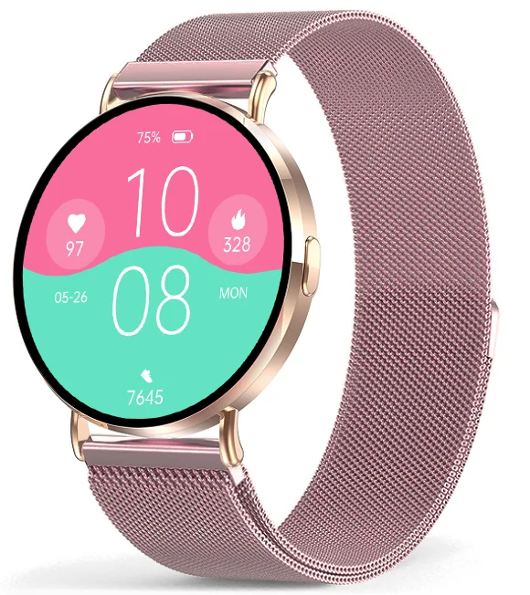 Chytré hodinky Veluxeo Round s bluetooth voláním zlaté s milánským tahem