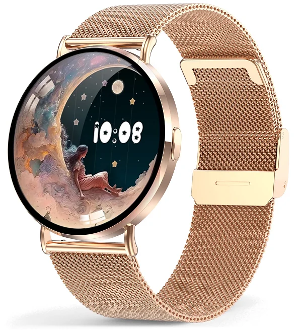 Chytré hodinky Veluxeo Round s bluetooth voláním zlaté s milánským tahem