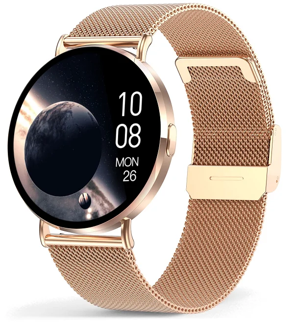 Chytré hodinky Veluxeo Round s bluetooth voláním zlaté s milánským tahem