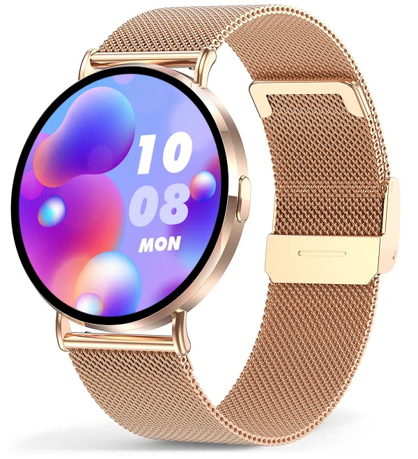 Chytré hodinky Veluxeo Round s bluetooth voláním zlaté s milánským tahem