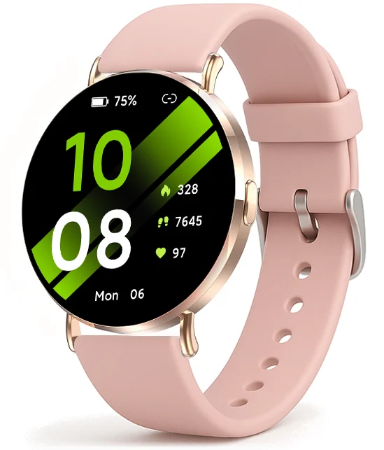 Chytré hodinky Veluxeo Round s bluetooth voláním zlaté se silikonovým řemínkem