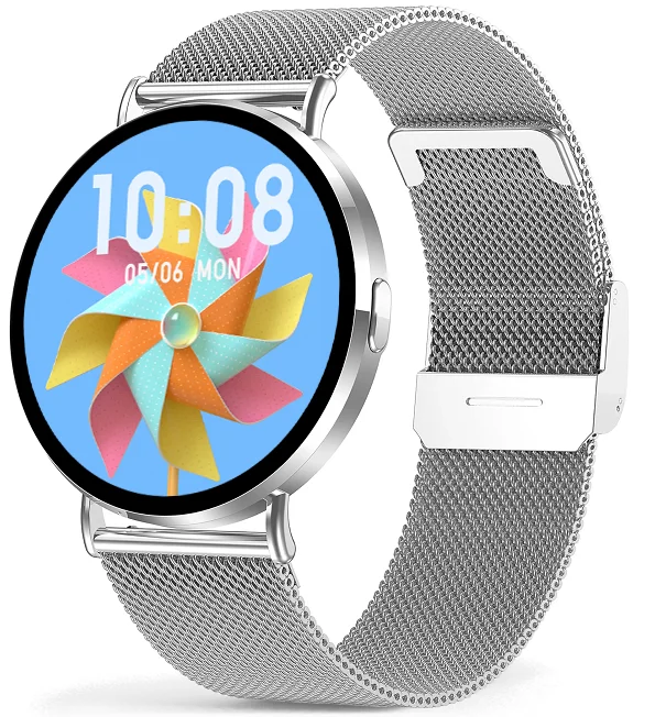 Chytré hodinky Veluxeo Round s bluetooth voláním stříbrné s milánským tahem