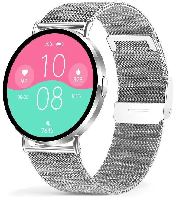 Chytré hodinky Veluxeo Round s bluetooth voláním stříbrné s milánským tahem