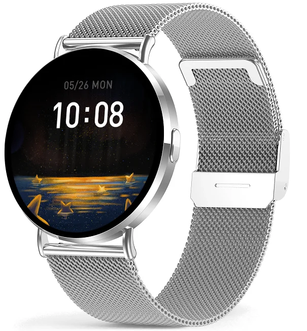 Chytré hodinky Veluxeo Round s bluetooth voláním stříbrné s milánským tahem