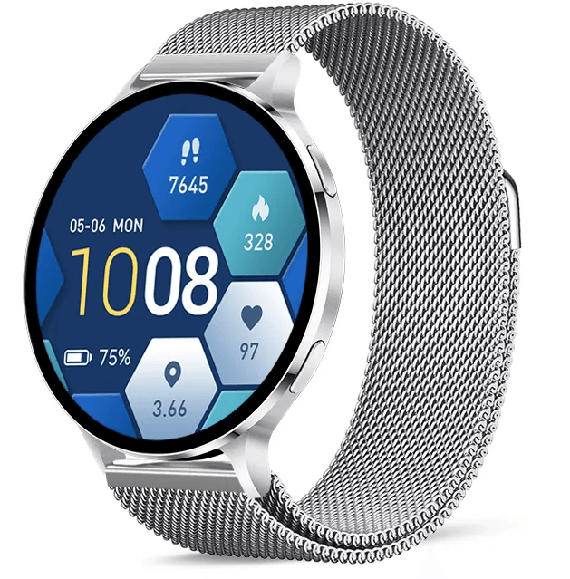 Chytré hodinky Veluxeo Ringo s bluetooth voláním stříbrné s milánským tahem