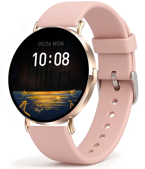 Chytré hodinky Veluxeo Round s bluetooth voláním zlaté se silikonovým řemínkem