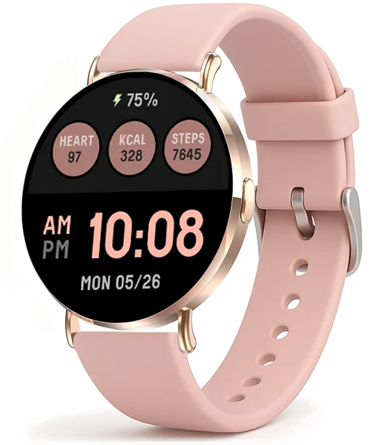 Chytré hodinky Veluxeo Round s bluetooth voláním zlaté se silikonovým řemínkem