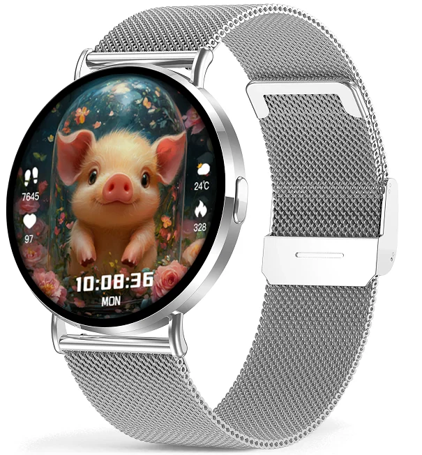 Chytré hodinky Veluxeo Round s bluetooth voláním stříbrné s milánským tahem