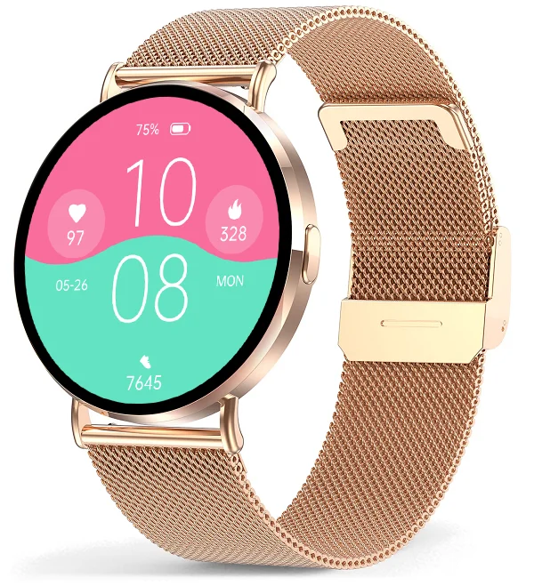 Chytré hodinky Veluxeo Round s bluetooth voláním zlaté s milánským tahem