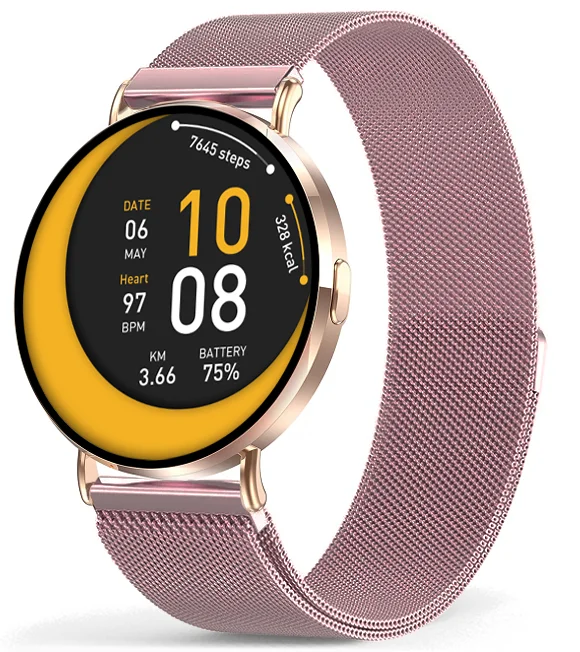 Chytré hodinky Veluxeo Round s bluetooth voláním zlaté s milánským tahem