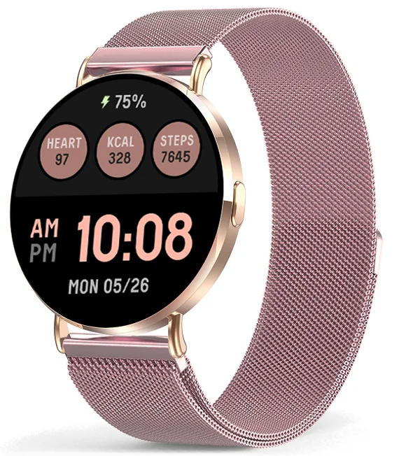 Chytré hodinky Veluxeo Round s bluetooth voláním zlaté s milánským tahem